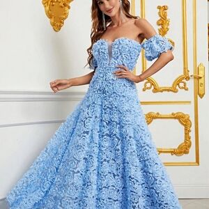 Elegant Blue Off-Shoulder Floral Dress